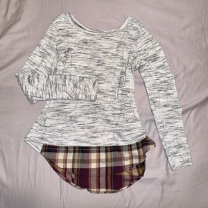 Comfy grey sweater with flannel flare.